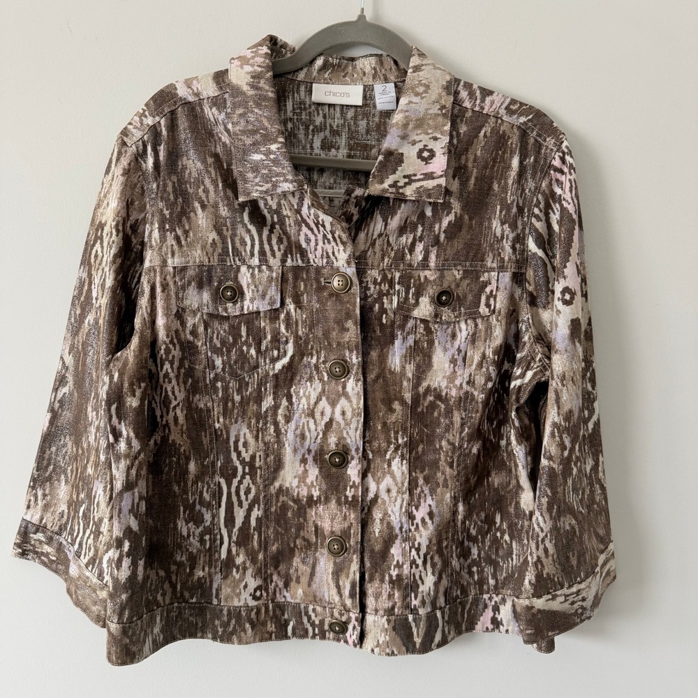 Chicos Linen Blend Ikat Print Metallic Trucker Jacket Brown Pink‎ Size 2 Large